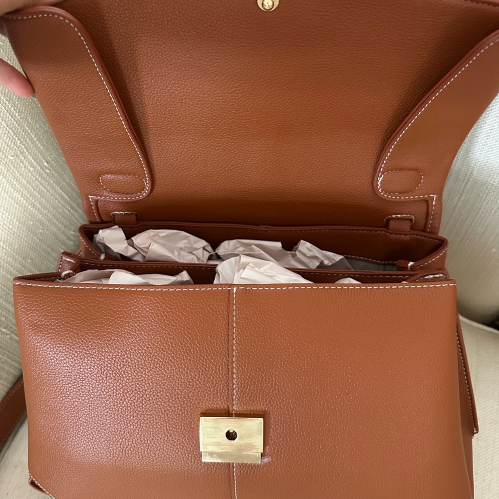 NEW Chic Minimalist Tan Faux Leather Structured Top Handle Satchel Bag - Picture 4 of 11